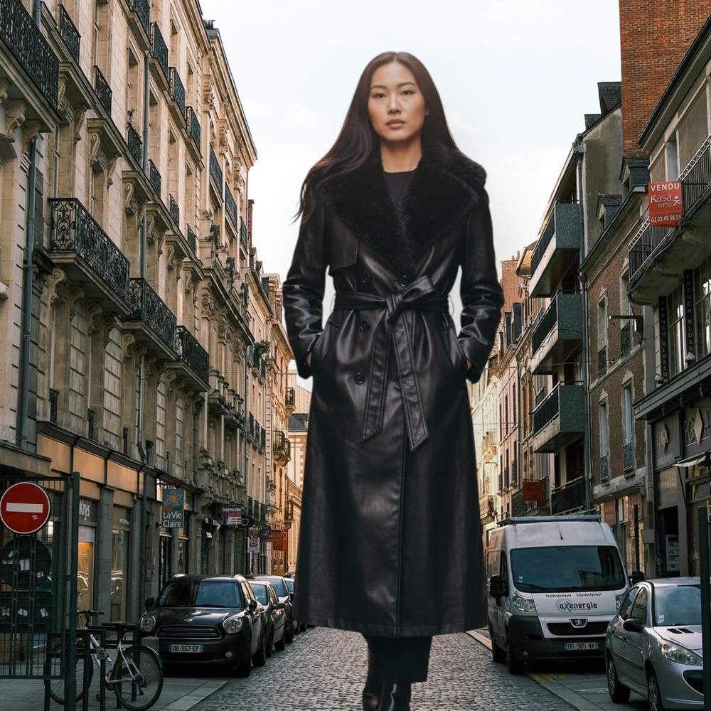 Vintage style SHEIN Black Faux Leather Long Trench Coat with Shearling Collar - Picture 13 of 17